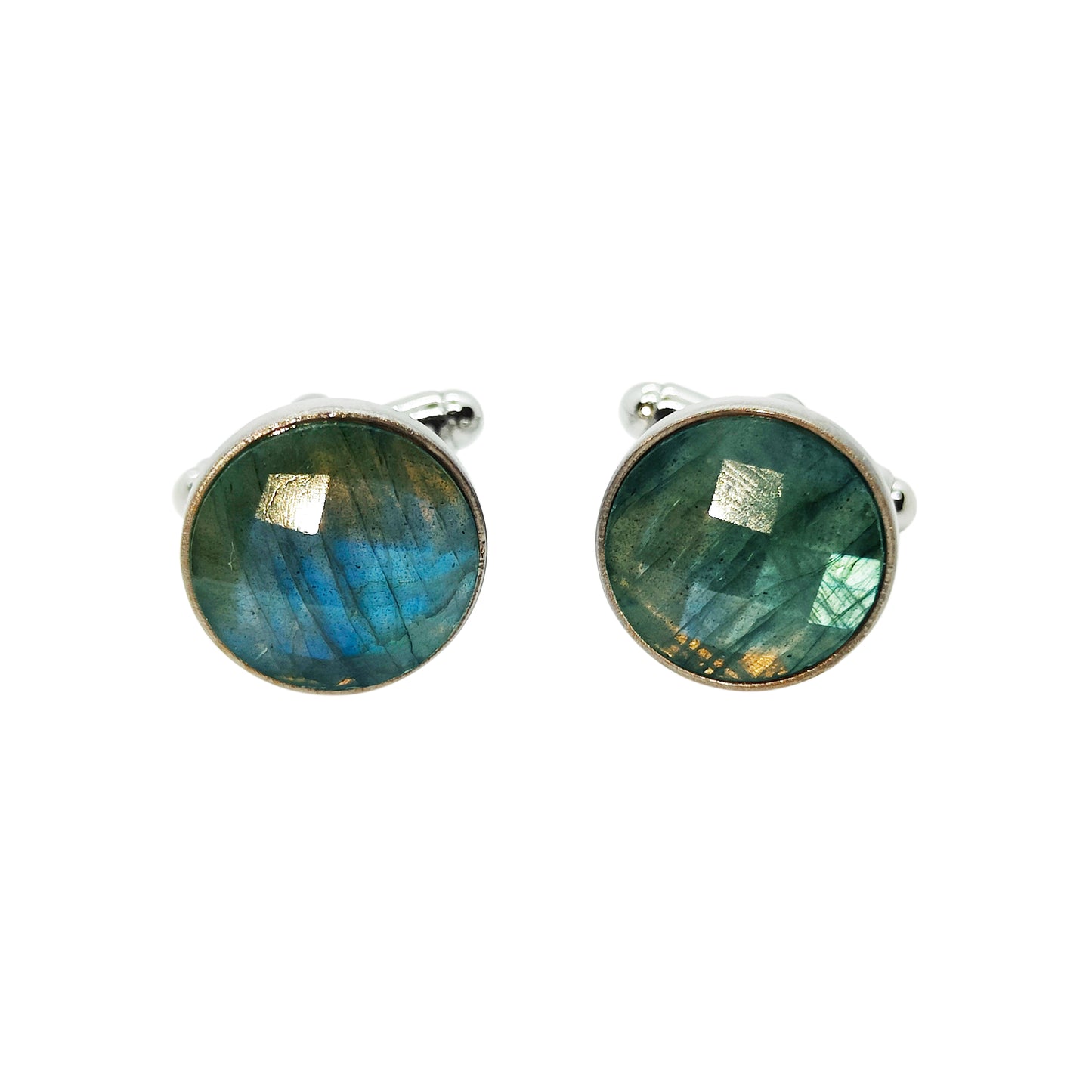 PRO - Boutons de manchettes 14 mm en métal et labradorite bleu lagon à facettes