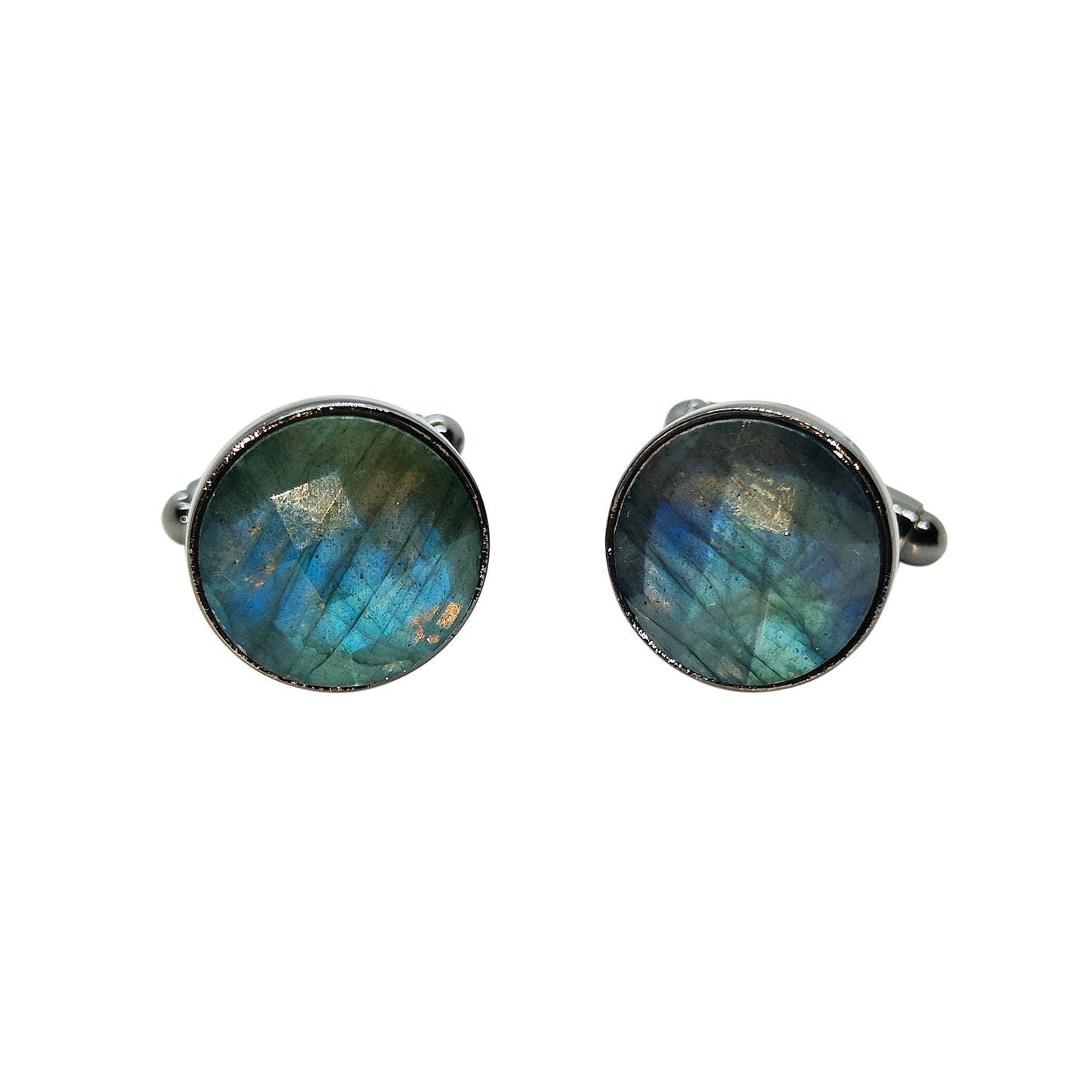 PRO - Boutons de manchettes 14 mm en métal et labradorite bleu lagon à facettes