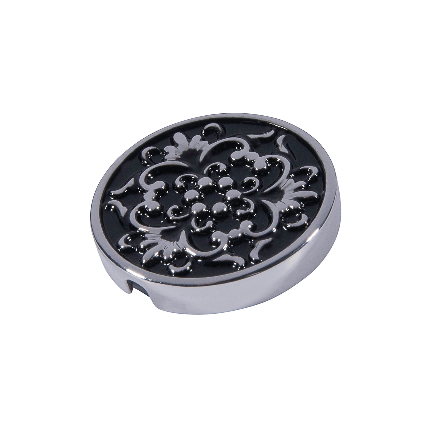 21mm button in shiny silver metal with baroque pattern on black varnish "BLACK BAROQUE"
