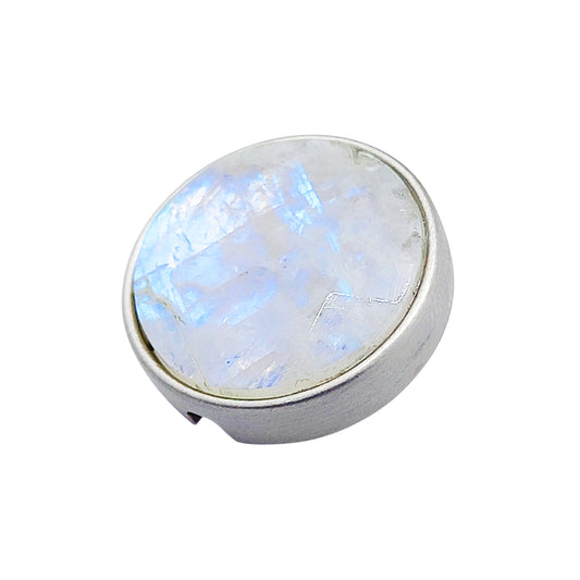 21mm button in brushed silver metal and faceted moonstone