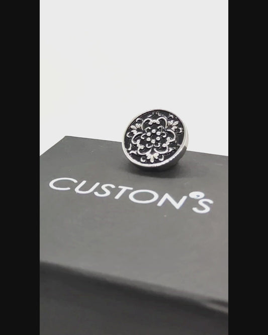Bouton 21mm en métal argenté brillant avec motif baroque émail noir "BLACK BAROQUE"